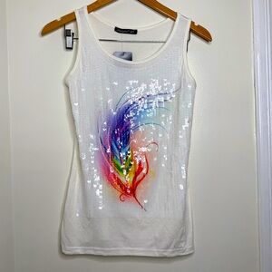 Boutiqua Paillette Sequins Tank Top Rainbow Feather EU Size 42 NEW w/ FLAW